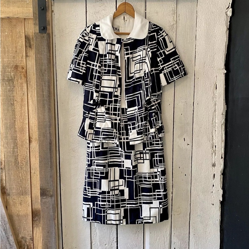 Vintage 60s Mod Black & White Geometric Print Dress Jacket Set by Rona size M - Picture 9 of 15